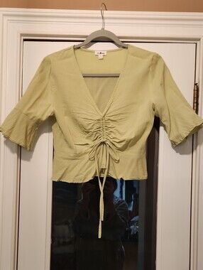 IceBird Light Green Ruched V-Neck Tie-Front Blouse Hardly Worn Linen Material